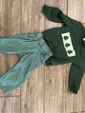 Green Kids Sweatshirt and Green Gingham Pants Set